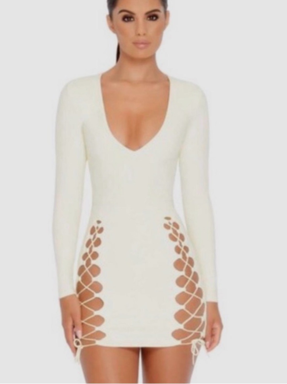 Oh Polly Cream Long Sleeve Mini Dress with Back Zip